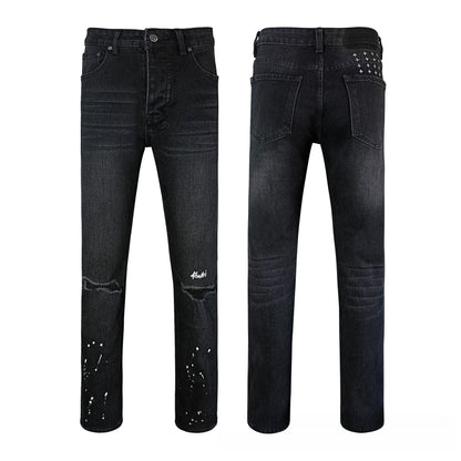 Men's Black Distressed Ripped Skinny Jeans White Paint Splatter Knee Holes Streetwear