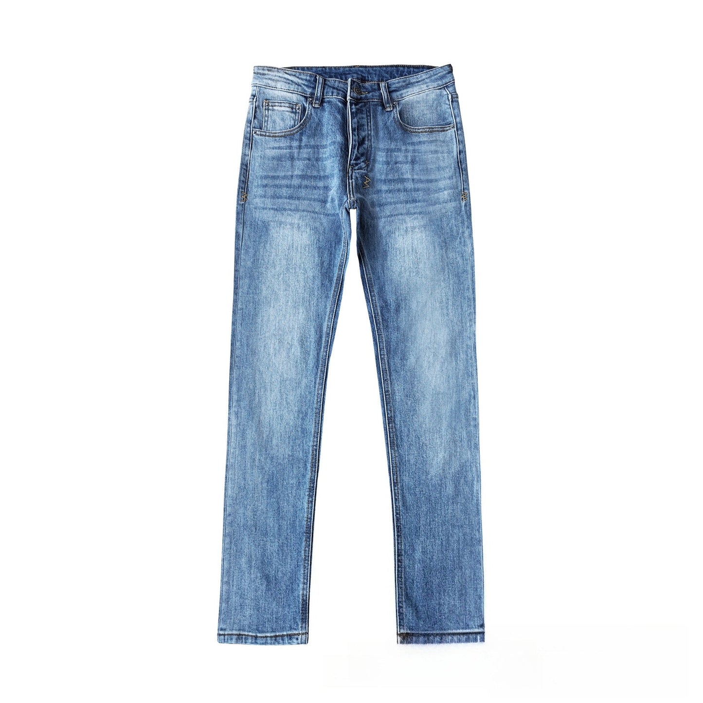 Men's Light Blue Slim Fit Jeans Distressed Wash Cross Embroidery Back Pockets Streetwear Denim