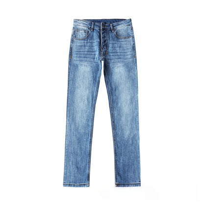 Men's Light Blue Slim Fit Jeans Distressed Wash Cross Embroidery Back Pockets Streetwear Denim