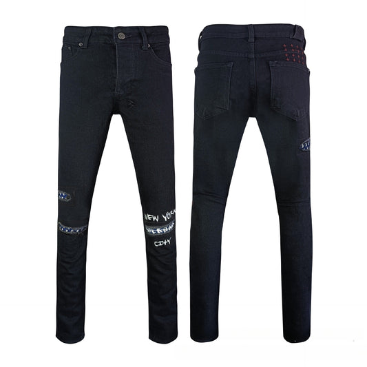 Trendy Black Distressed Denim Pants Men Skinny Fit New York City Print Star Patch Street Fashion