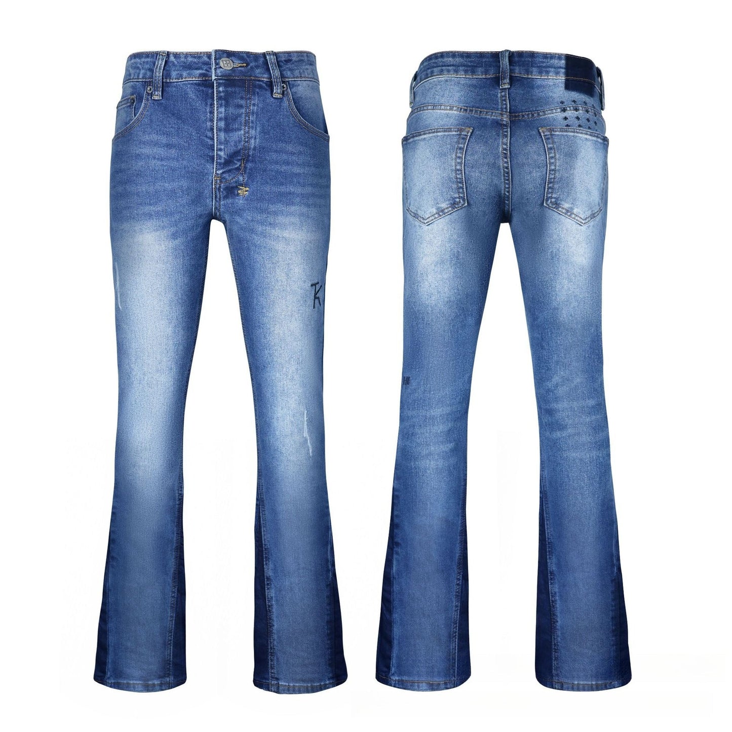 Urban Blue Jeans Slim Cut - Avant-Garde Block Contrast Wash & Vintage Distressing