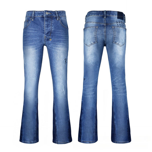 Urban Blue Jeans Slim Cut - Avant-Garde Block Contrast Wash & Vintage Distressing