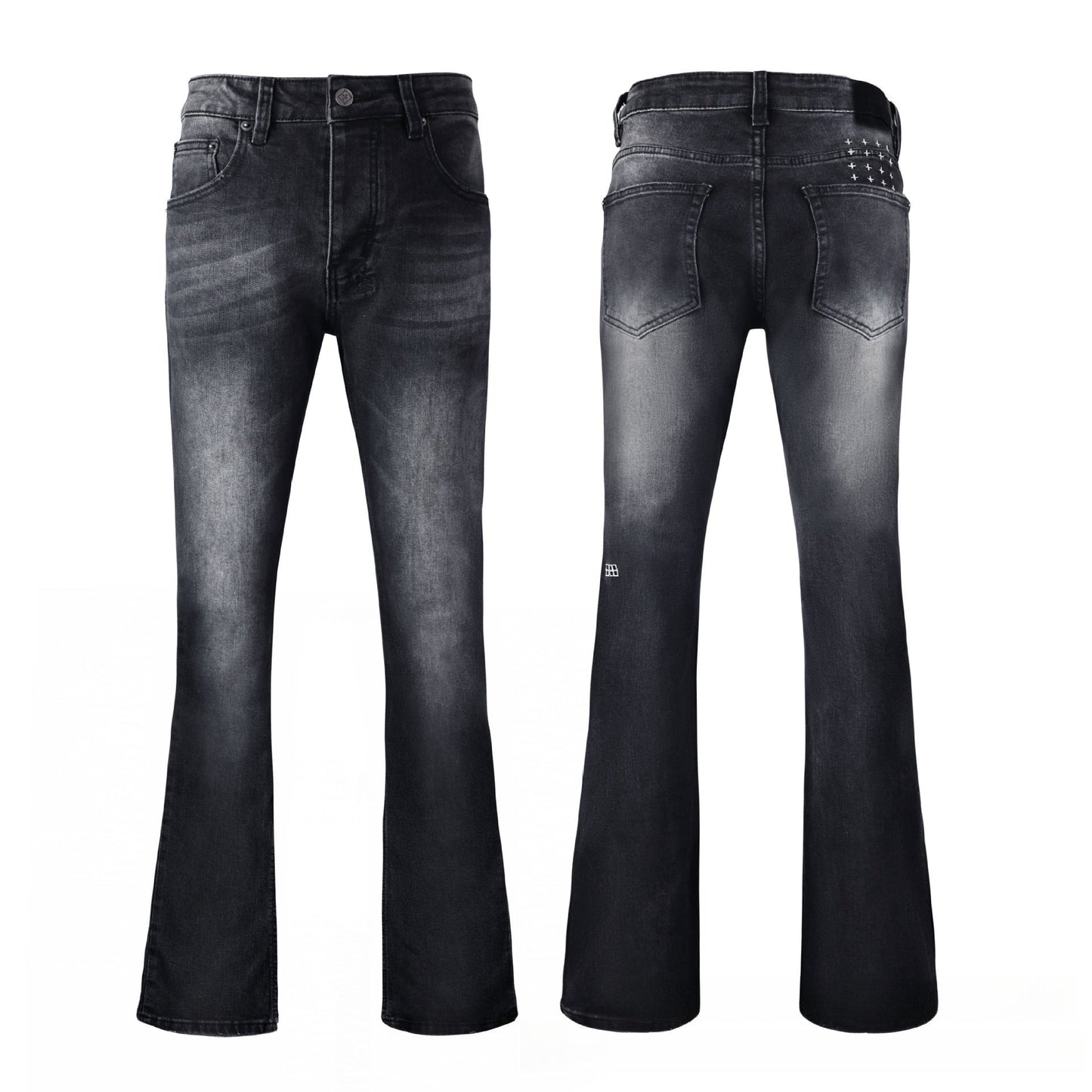 Premium Charcoal Black Denim - Iconic Cross Embroidery Detail with Rugged Aged Finish