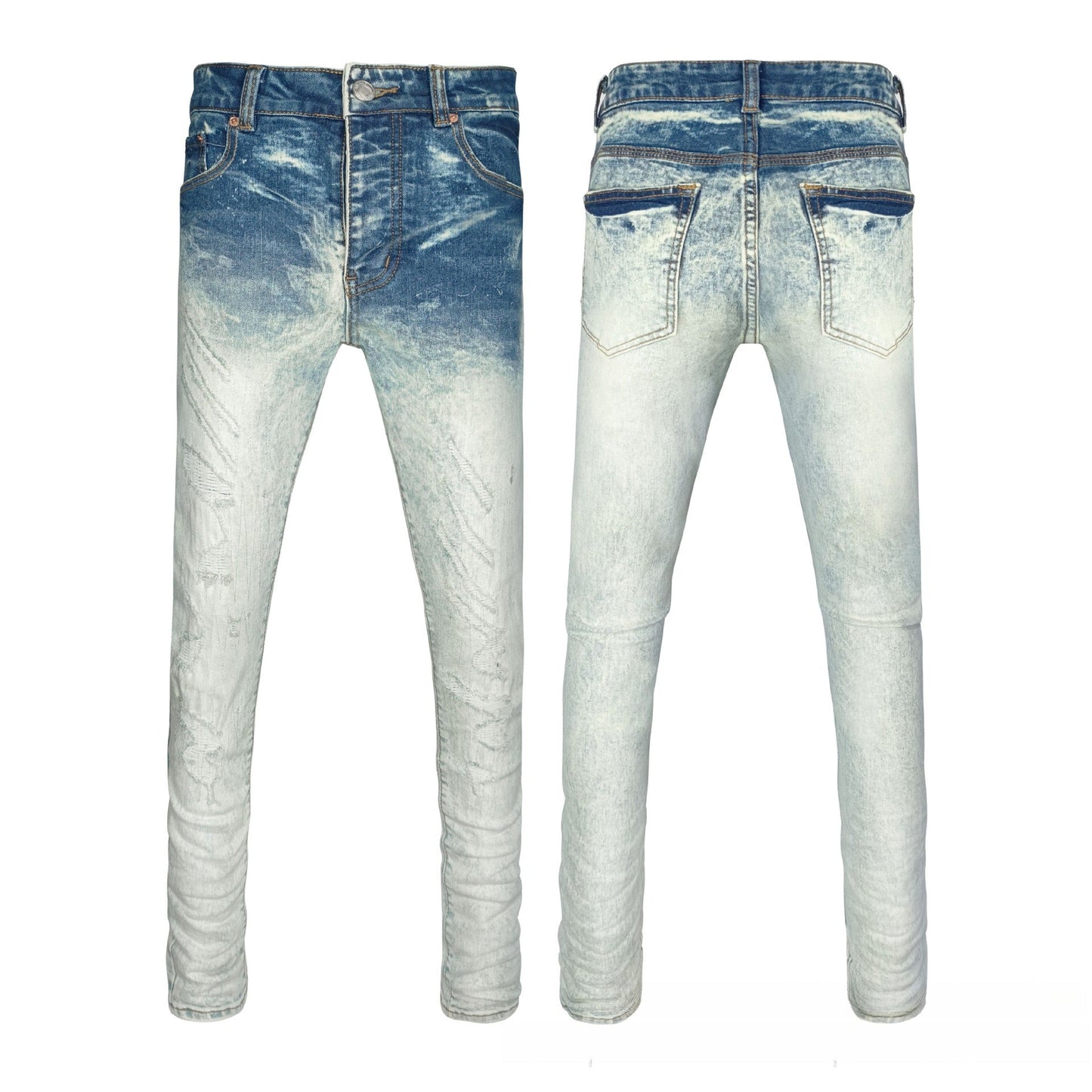 Premium Men's Blue Denim - Unique Distressed Ombre Design & Bold All-Over Graphic Logo Print
