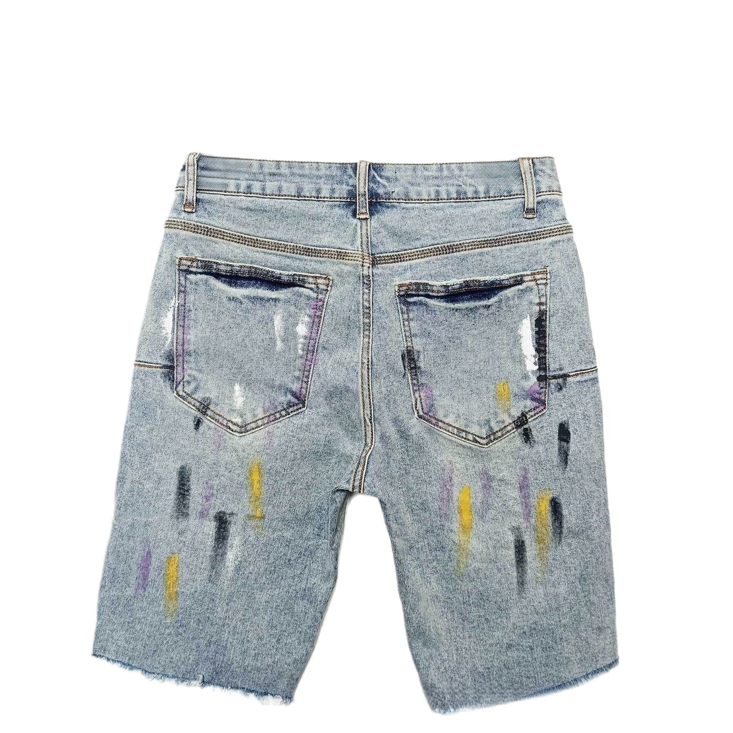 Men's Light Blue Distressed Denim Shorts with Multi Color Paint Splatter Ripped Raw Hem Streetwear
