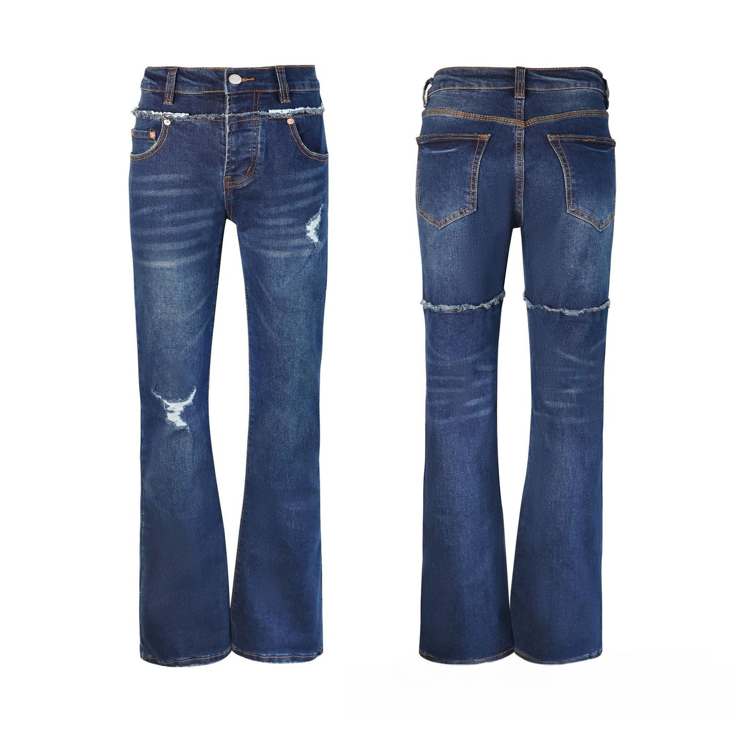 Men's Dark Blue Slim Fit Jeans - Bold Radial Whisker Fading & Two-Tone Paneled Design