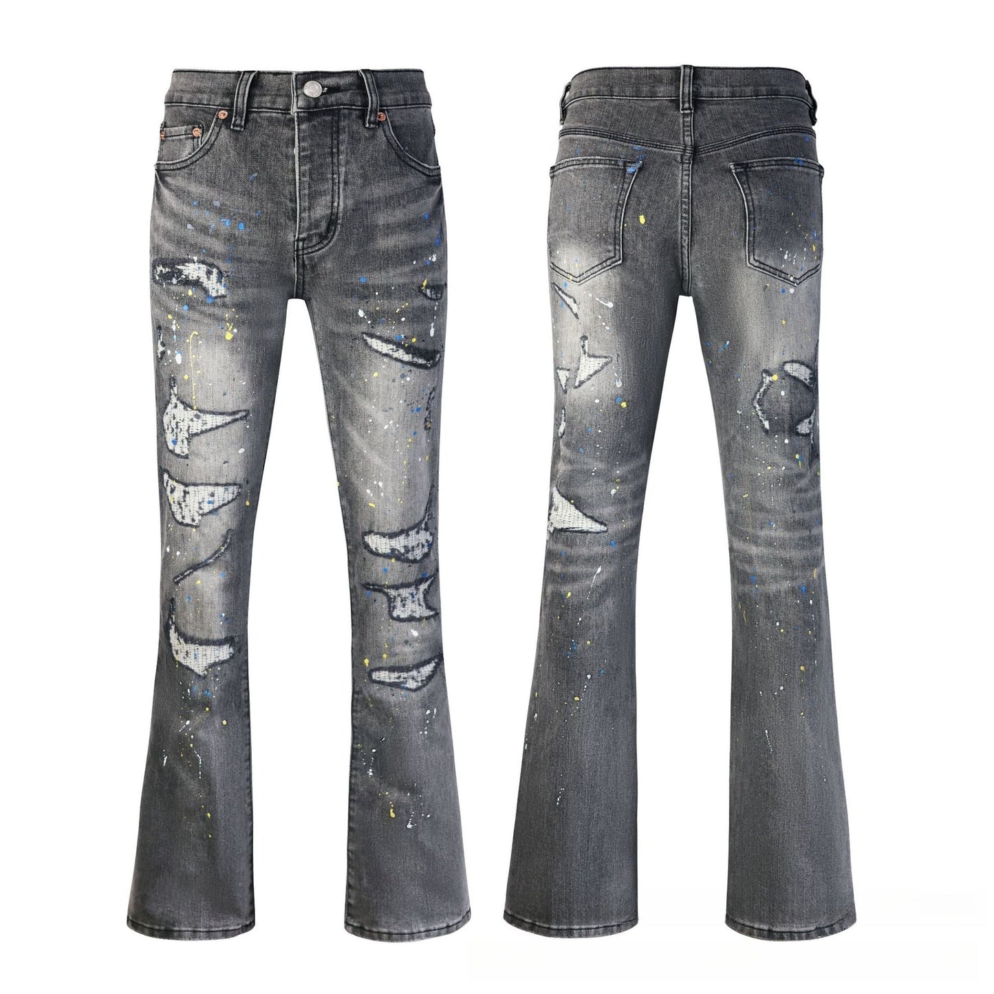 Deep Grey Artistic Paint Splatter Ripped Flare Jeans - High Rise Color Drip Wide Leg Denim