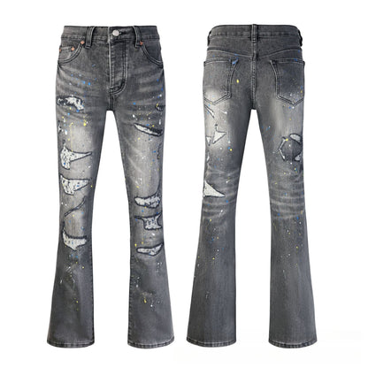 Deep Grey Artistic Paint Splatter Ripped Flare Jeans - High Rise Color Drip Wide Leg Denim