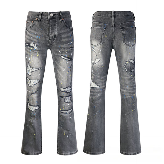 Deep Grey Artistic Paint Splatter Ripped Flare Jeans - High Rise Color Drip Wide Leg Denim