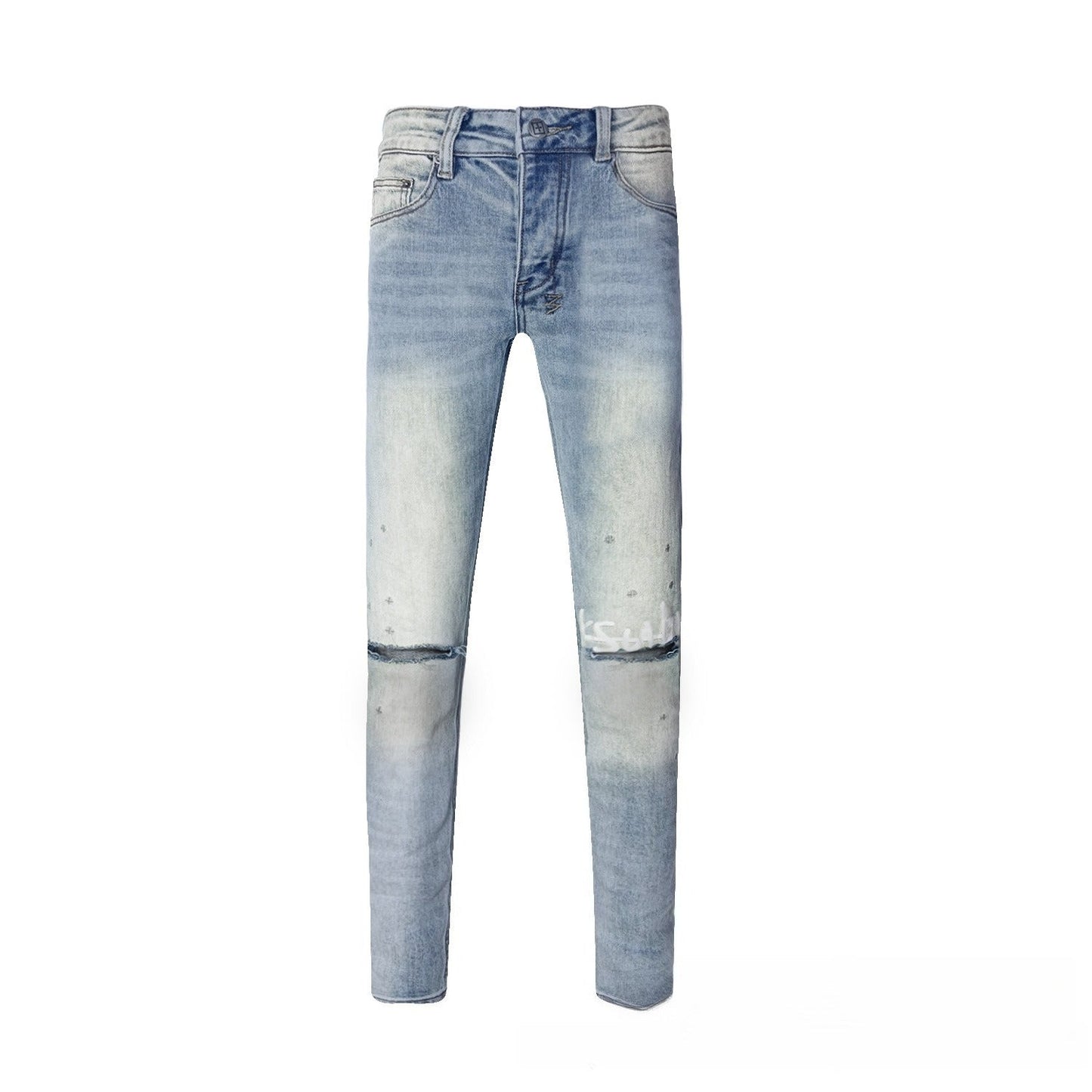 Light Blue Light Wash Flared Jeans Featuring Side Rivets and White Embroidery - High Rise Wide Leg Destroyed Pants