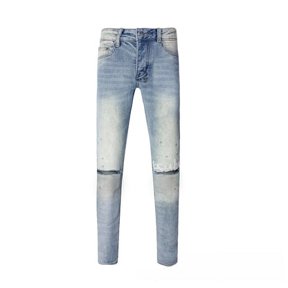 Light Blue Light Wash Flared Jeans Featuring Side Rivets and White Embroidery - High Rise Wide Leg Destroyed Pants