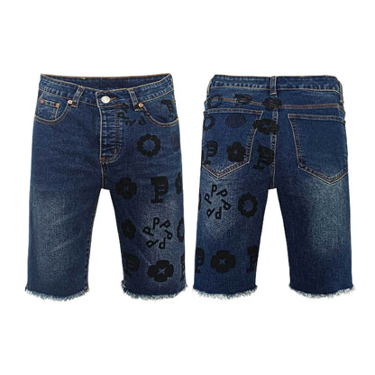 Men's Dark Blue Denim Shorts with All-Over Black P & Floral Print - Distressed Raw Hem Casual Jean Shorts