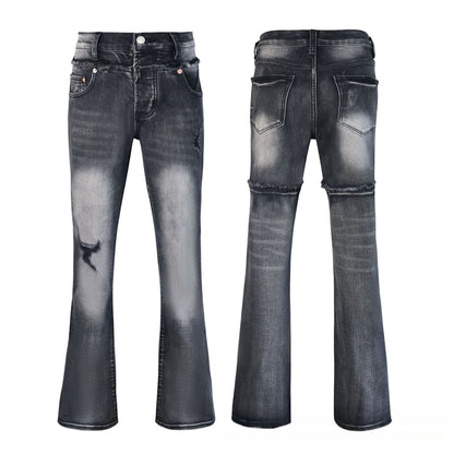 Dark Grey Ombre Distressed Flare Jeans - High Waisted Knee Rip Bootcut
