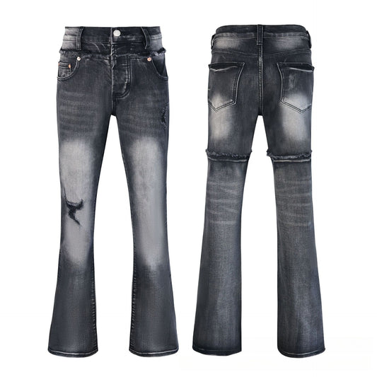 Dark Grey Ombre Distressed Flare Jeans - High Waisted Knee Rip Bootcut
