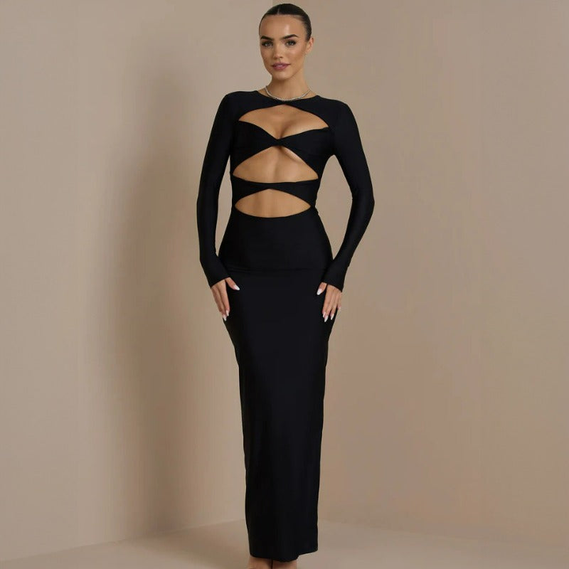 New Fashionable Hollow-Out Solid Color Long-Sleeve Fitted Crop Top Sexy Dress  D1992926