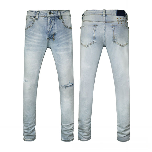 Soft Light Blue High Rise Flared Jeans - Subtle Distressed Bell Bottom Denim