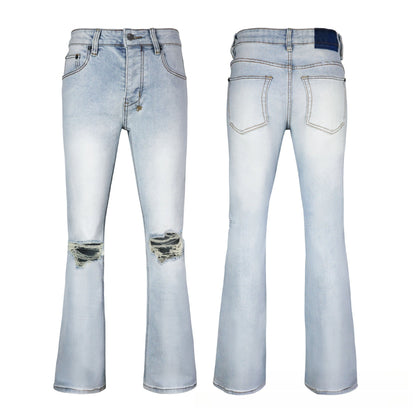 Men's Light Blue Slim Jeans - Vintage Washed Denim with Knee Rip & Repair Detail