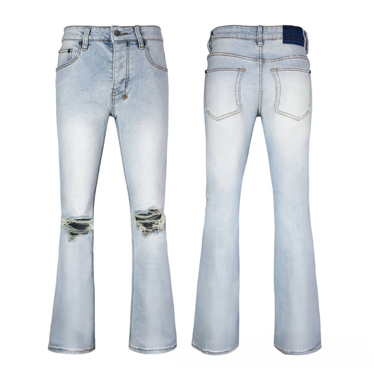 Men's Light Blue Slim Jeans - Vintage Washed Denim with Knee Rip & Repair Detail