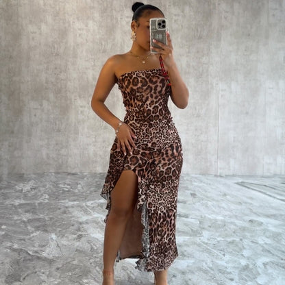 Nuevo vestido sexy ajustado con estampado de leopardo y aberturas laterales, estilo coqueto D1993527