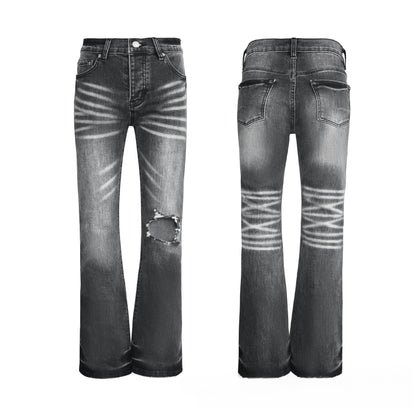 Men's Dark Grey Flare Jeans - Bold Radial Whisker Fading Denim with Rugged Knee Rip