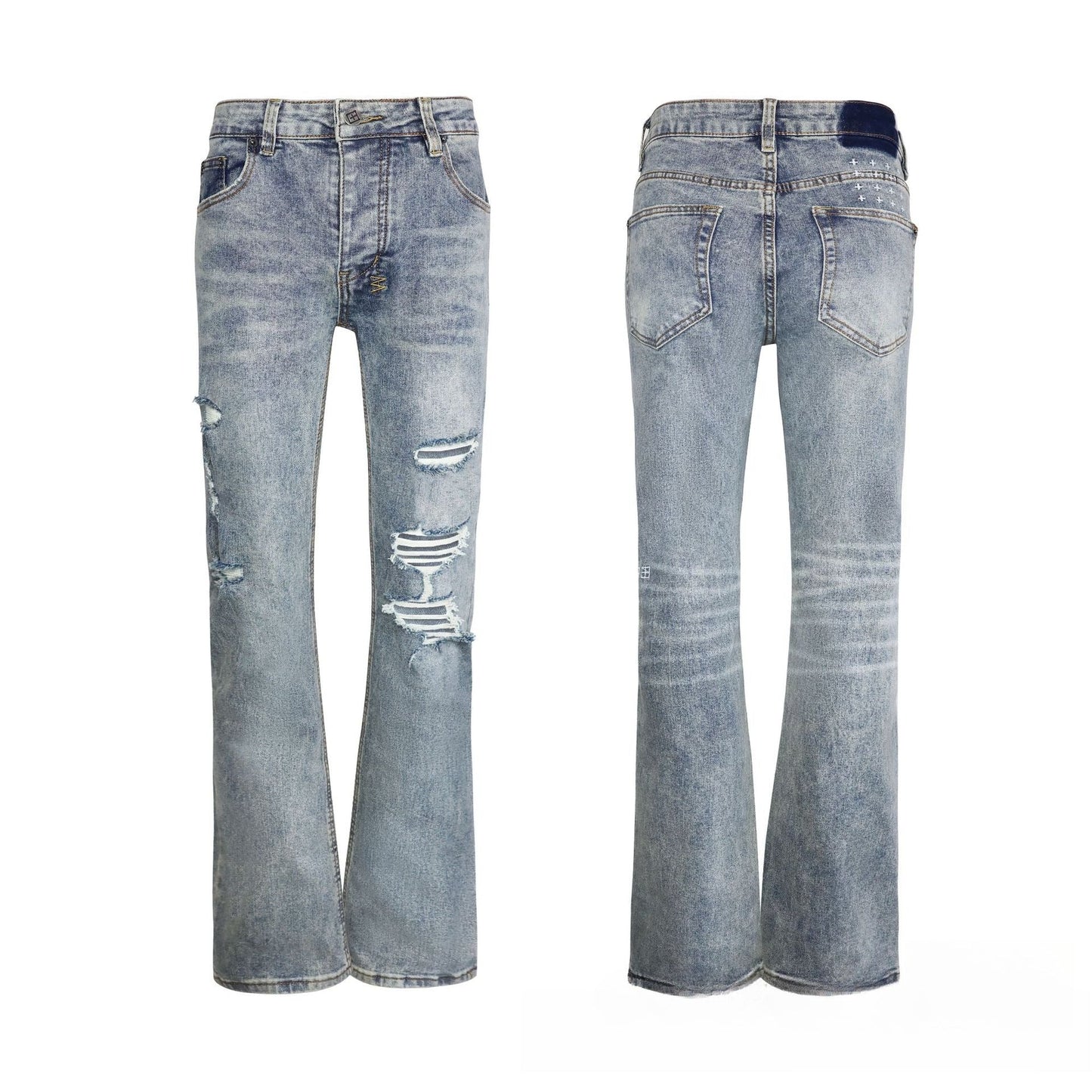 Men's Light Blue Flare Jeans - Vintage Washed Denim featuring Unique Striped Patchwork Distressing