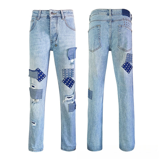 Men's Light Blue Slim Jeans - Unique Navy Blue Patchwork Design & Distressed Detail