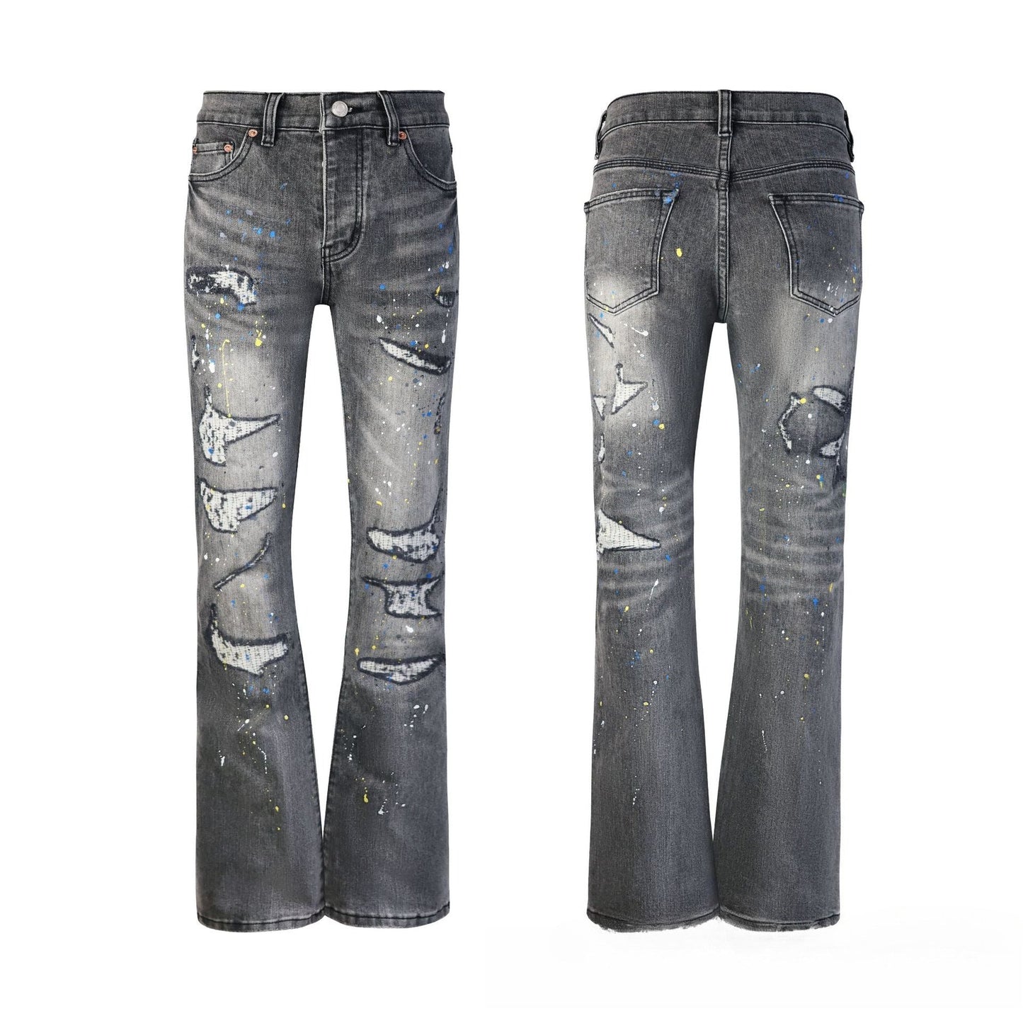 Deep Grey Artistic Paint Splatter Ripped Flare Jeans - High Rise Color Drip Wide Leg Denim