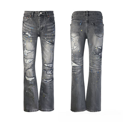 Deep Grey Artistic Paint Splatter Ripped Flare Jeans - High Rise Color Drip Wide Leg Denim