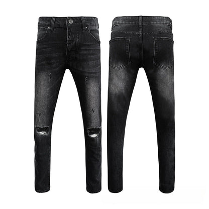 Black Distressed Skinny Jeans Men - Ripped Knees, Faded Black Wash, Slim Fit Destroyed Denim Pants