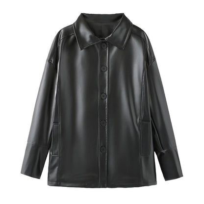 Elegant Dark Fashion Leather Jacket with Stylish Shirt Collar