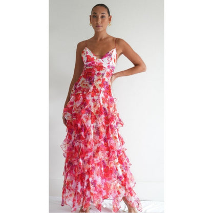 New 2024 Spring/Summer Off-Shoulder European and American Style Fashionable Chiffon Printed Ethereal Maxi Dress with Elegant Evening Gown Appeal