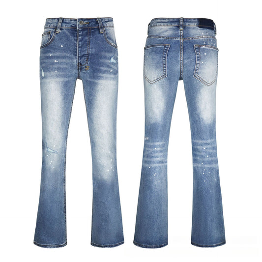 Men's Blue Flare Jeans - Vintage Stonewashed Denim with Artistic White Paint Drops
