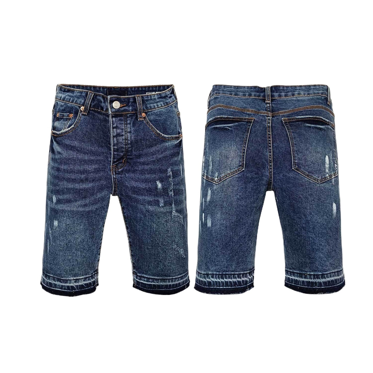 Dark Blue Distressed Denim Shorts Men - Ripped Details, Washed Effect, Raw Hem Summer Jeans Shorts