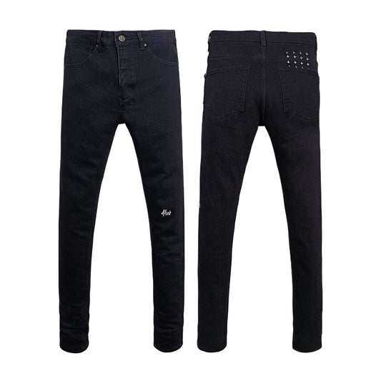 Men’s Black Skinny Jeans with Minimal Logo Embroidery and Cross Stud Detail