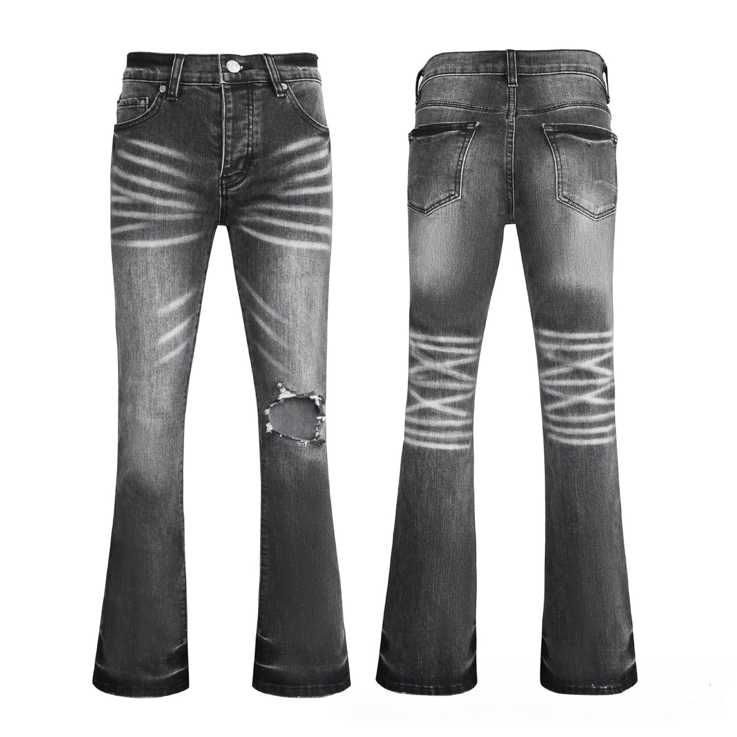 Men's Dark Grey Flare Jeans - Bold Radial Whisker Fading Denim with Rugged Knee Rip