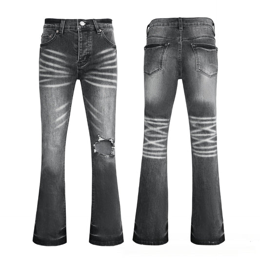 Men's Dark Grey Flare Jeans - Bold Radial Whisker Fading Denim with Rugged Knee Rip