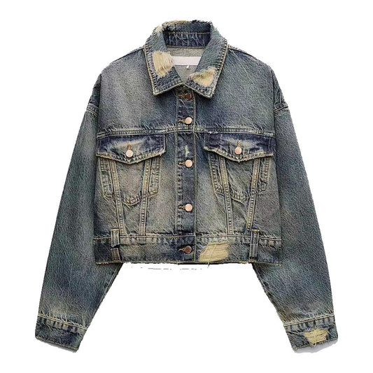 New Turn-Down Collar Loose Distressed Washed Denim Short Jacket and Straight Mid-Rise Jeans 6147095