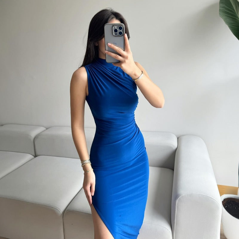 Nouvelle robe longue sexy sans manches à taille haute de couleur unie pour femmes D1993376