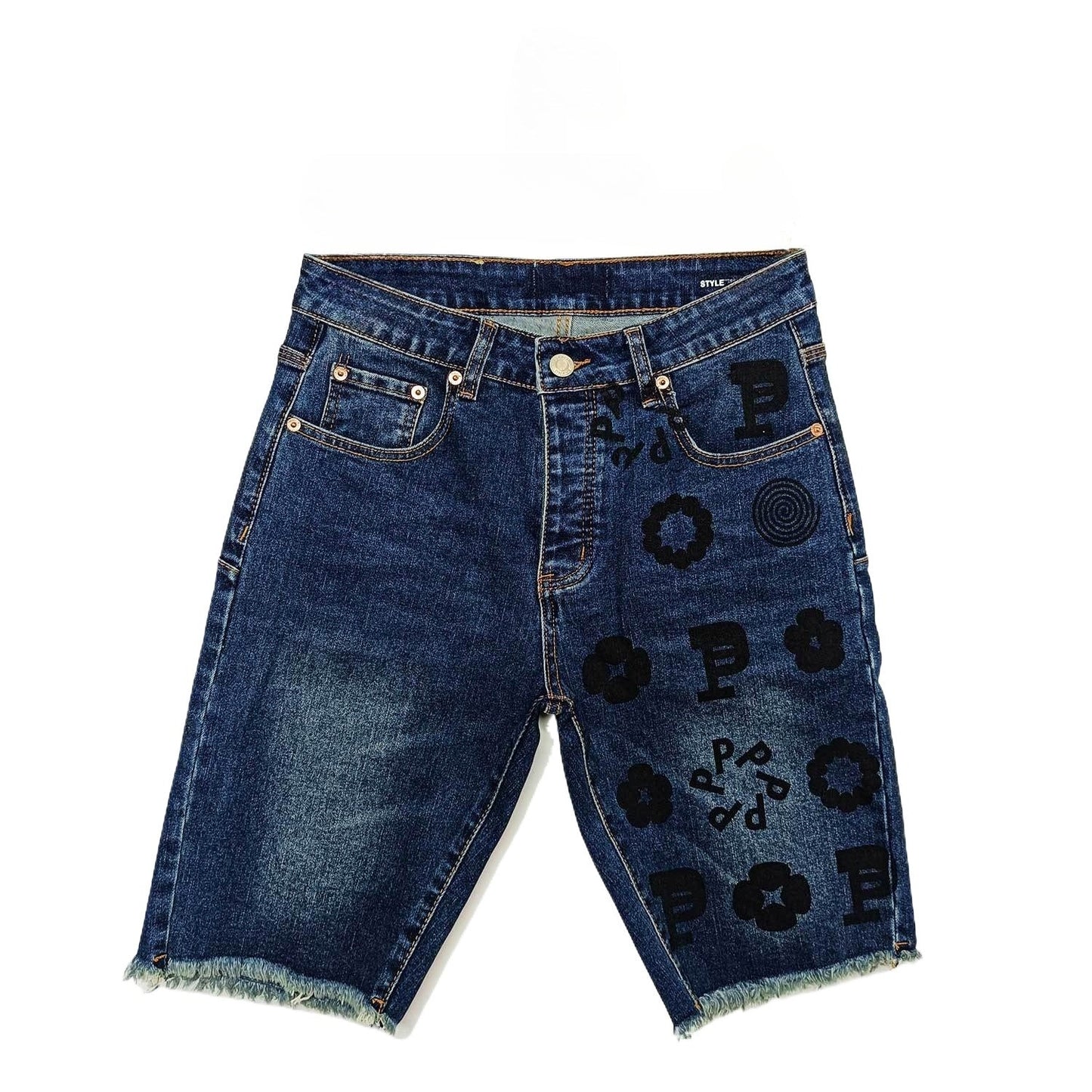 Men's Dark Blue Denim Shorts with All-Over Black P & Floral Print - Distressed Raw Hem Casual Jean Shorts