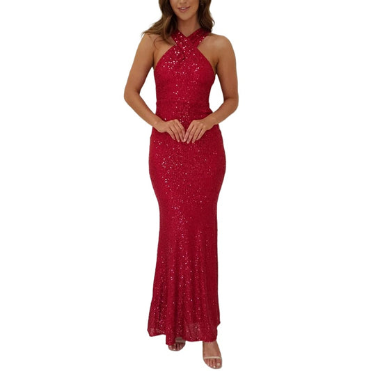 Nouvelle robe de soirée longue sexy dos nu sans manches à paillettes de style européen et américain 2446 