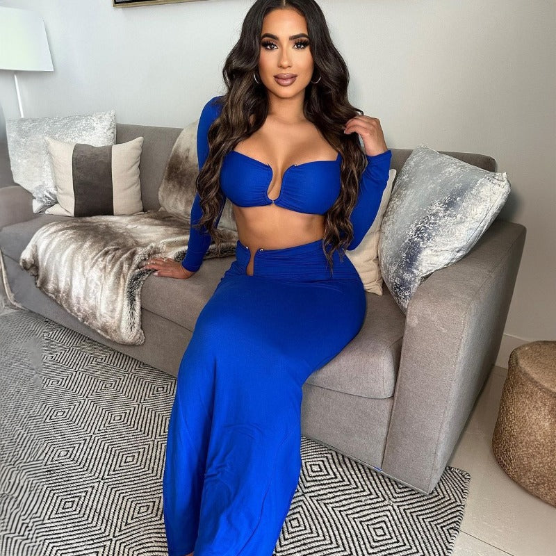 New Popular Sexy Wrap Top Long Sleeve Back Slit Maxi Dress Set S1992573