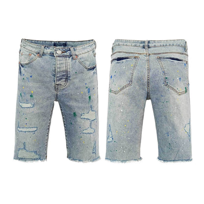 Light Blue Paint Splatter Denim Bermuda Shorts for Men - Green Blue Yellow Splatter, Distressed Look, Frayed Hem Summer Vibes