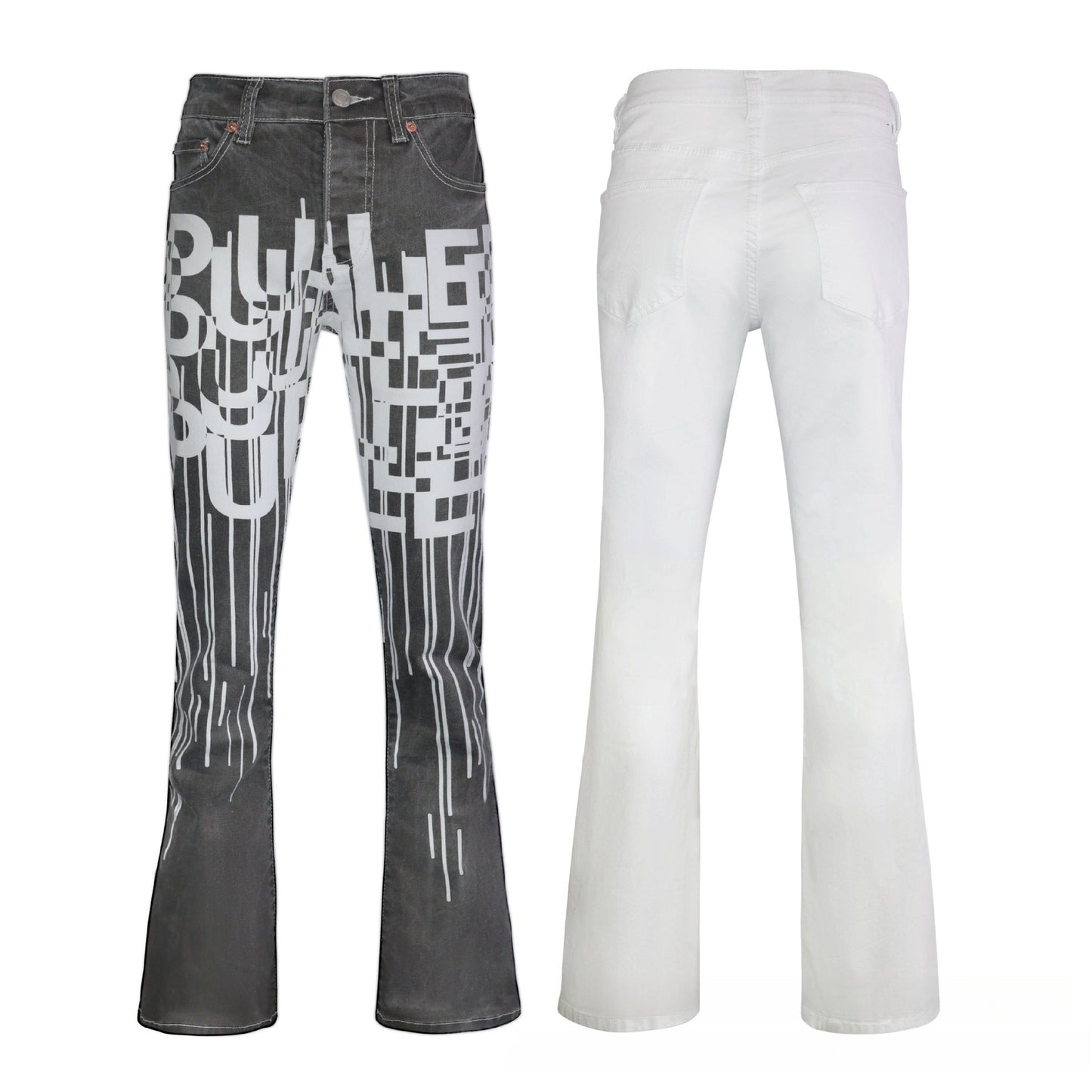 Men's Grey & White Two-Tone Flare Jeans - Avant-Garde Geometric Graphic Print Denim