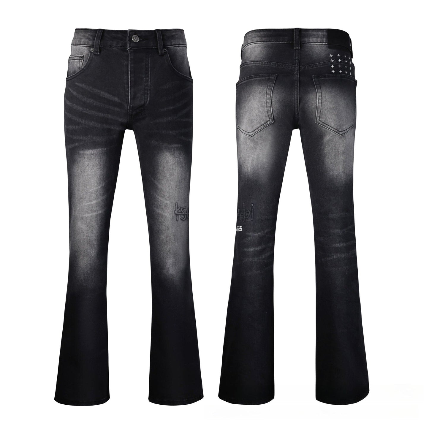 Men's Black & Grey Flare Jeans - Vintage Whisker Wash Denim with Classic Bootcut Fit