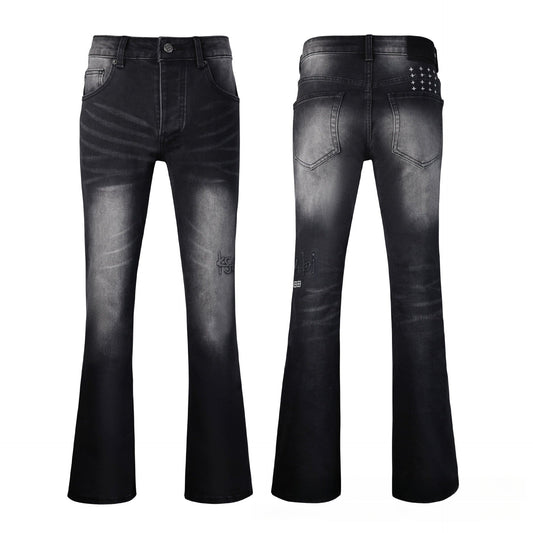 Men's Black & Grey Flare Jeans - Vintage Whisker Wash Denim with Classic Bootcut Fit