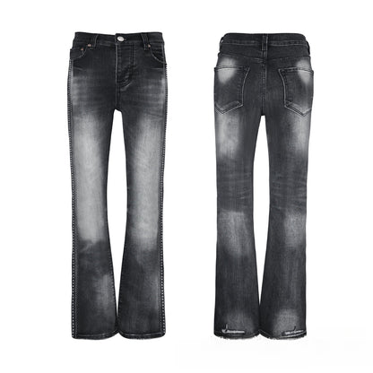 Men's Black Studded Flare Jeans - Avant-Garde Side Seam Metal Details & Vintage Washed Denim