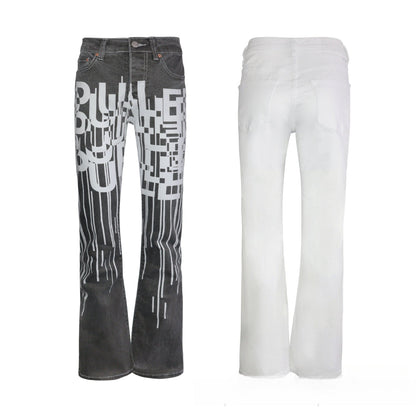 Men's Grey & White Two-Tone Flare Jeans - Avant-Garde Geometric Graphic Print Denim