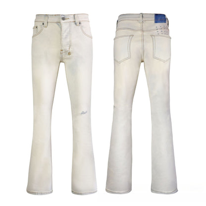 Modern Beige Flare Fit Denim - Avant-Garde Waxed Finish with Vintage Crinkle Texture
