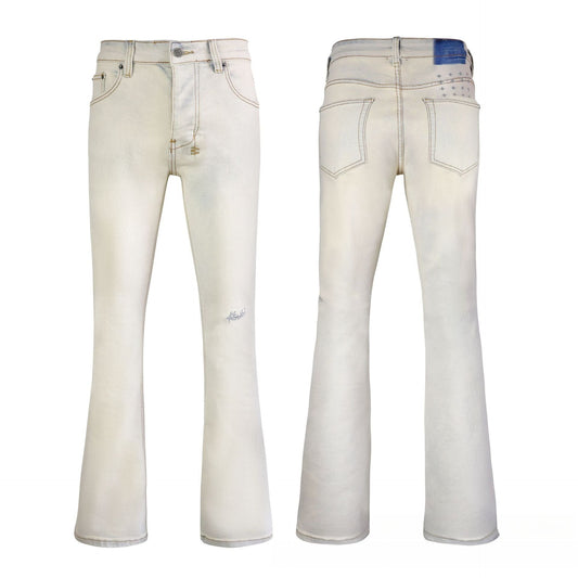 Modern Beige Flare Fit Denim - Avant-Garde Waxed Finish with Vintage Crinkle Texture